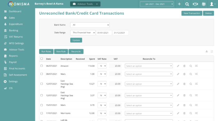 Nomi Bookkeeping Unreconciled Bank Transactions Page