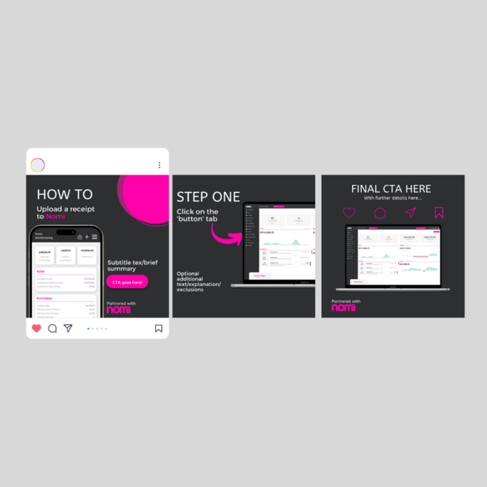 Nomi social media post, slider example. Marketing assets. Black and pink.