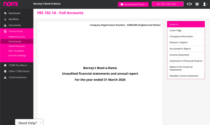 Nomi Final Accounts Software, displaying an example set of FRS105 Accounts dated 31/03/2026.